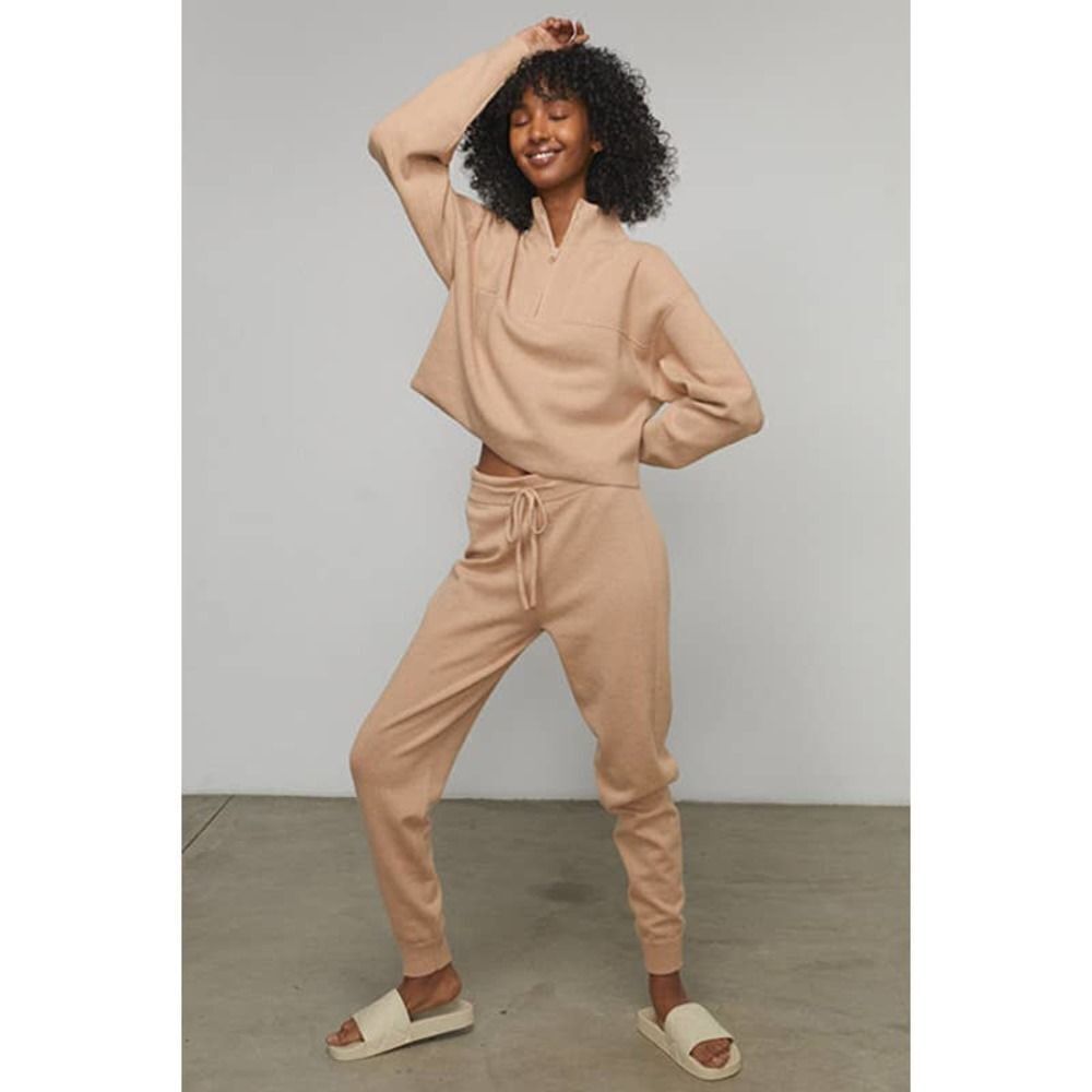 lunya cozy cotton silk zip pullover nutmeg XL